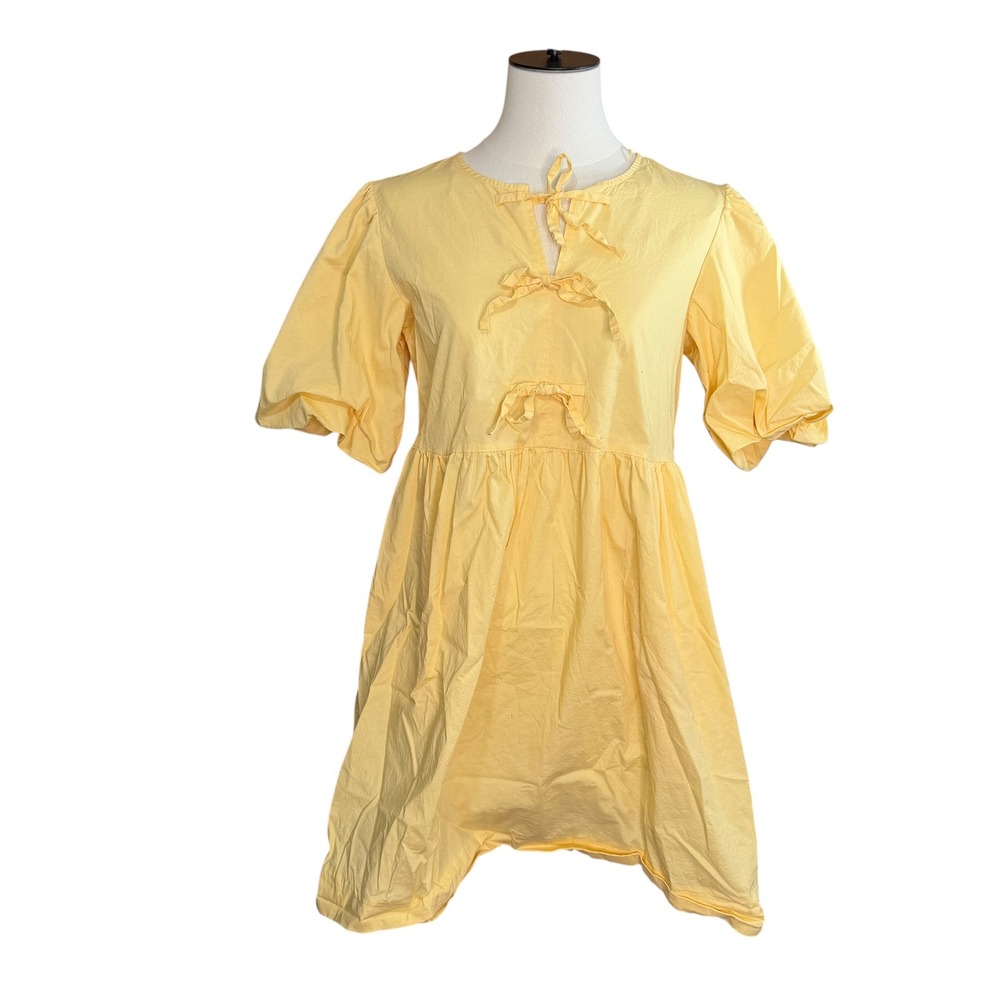 Joie Yellow Cotton Blend Bow Tie Front Puff Sleeve Babydoll Mini Dress Womens XS